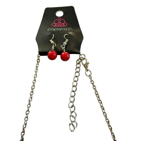 New Paparazzi Red Bead Silver Chain Necklace & Matching Earrings Set For Women - Picture 1 of 4